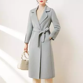 Черное высококачественное облегающее двубортное шерстяное пальто в корейском стиле со шнуровкой в стиле Хепберн S