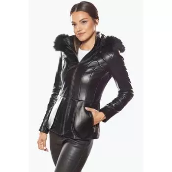 Черное женское кожаное пальто с капюшоном