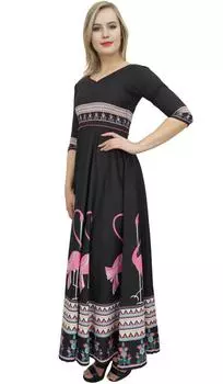 Черное женское макси-платье Bimba Anarkali с принтом фламинго Kurta Designer 10 чёрный