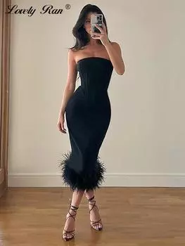 Черное женское платье с перьями, летнее облегающее женское платье без бретелек с открытой спиной, элегантное вечернее клубное женское платье M чёрный