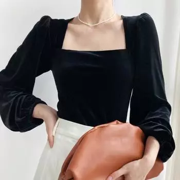 Черное золото бархатные рубашки женские с квадратным вырезом и пышными рукавами винтажные элегантные женские шикарные топы большого размера S чёрный