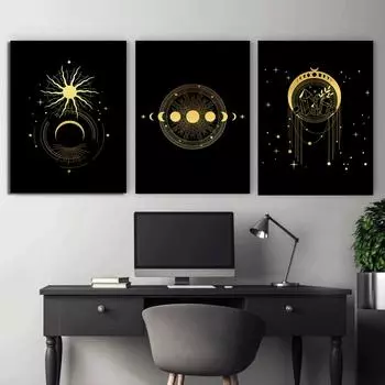 Черное золото Солнце Луна Звезда Бохо Холст Картина Плакат Печать Современный домашний декор Абстрактная настенная живопись Картина Скандинавский декор для гостиной Без рамки 21*30cm No Frame