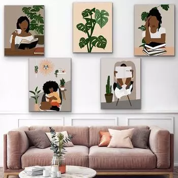 Чернокожие африканские девушки, книголюбы, картины на холсте, абстрактные женщины, скандинавские семьи 21cm30cm NoFrame