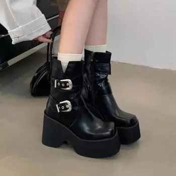 Черные 10 см толстые подошвы мотоциклетные ботинки для женщин современная обувь из натуральной кожи квадратный носок пряжка ремень молния платформа ботильоны 35 чёрный