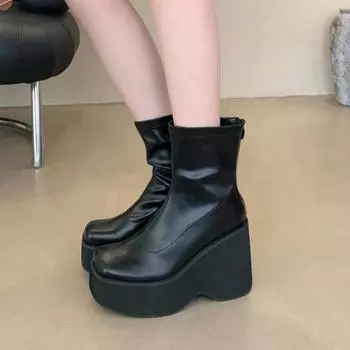 Черные 10 см высокие каблуки мотоциклетные ботинки для женщин платформа мягкая кожа прогулочная удобная подошва Matsuke панк обувь ботильоны 35 чёрный
