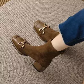 Черные эластичные носки, весенние женские новые квадратные ботиночки в античном стиле, короткие ботиночки, ботиночки на толстом каблуке, осенние женские ботиночки на толстом каблуке 35 хаки