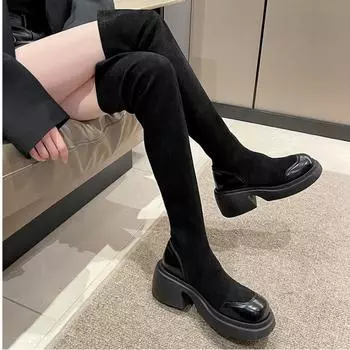 Черные эластичные сапоги длиной до колена на толстой подошве для женщин 2024 года, осень и зима, пикантные женские носки для тонких и длинных носков, женские 35 чёрный