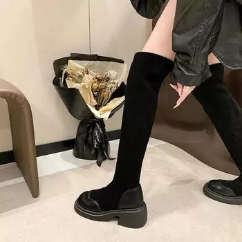 Черные эластичные сапоги выше колена на толстой подошве для женщин, модные осенние сапоги на толстом каблуке, высокие носки, женские сапоги на длинной платформе, Botas Mujer 35