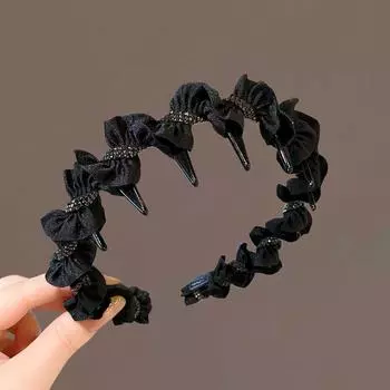 Черные элегантные повязки для волос со стразами, кружевные бечевки, обручи для волос, зубцы, противоскользящие аксессуары для волос, корейские повязки для девочек, головной убор Size fits all