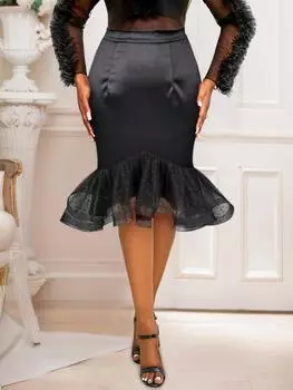 Черные атласные юбки AOMEI, сетчатая лоскутная юбка с оборками, блестящая юбка-миди с высокой талией для женщин 3XL чёрный