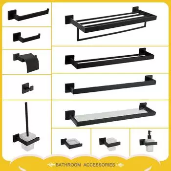 Черные аксессуары для ванной комнаты, квадратная полка из нержавеющей стали, держатель для полотенец, держатель для салфеток, крючок для одежды, подстаканник, подвесной ершик для унитаза