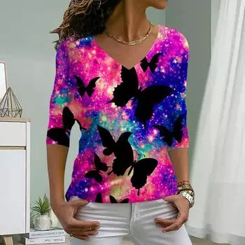 Черные бабочки принт женские футболки женские топы с длинным рукавом V-образный вырез пуловер женские футболки футболка для женщин XS красный
