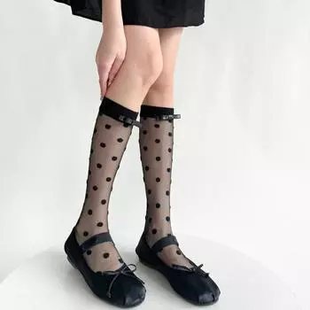 Черные белые нейлоновые длинные носки чулки женские ультратонкие прозрачные шелковые носки в горошек с кристаллами милые носки до колена с бантом для девочек