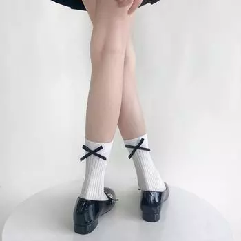 Черные, белые, серые носки женские повседневные однотонные хлопковые тонкие дышащие носки средней длины с милым бантом для девочек в стиле Лолиты, длинные носки Kawaii EUR 35-39