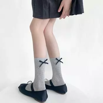 Черные, белые, серые носки женские повседневные однотонные хлопковые тонкие дышащие носки средней длины с милым бантом для девочек в стиле Лолиты, длинные носки Kawaii EUR 35-39