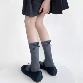 Черные, белые, серые носки женские повседневные однотонные хлопковые тонкие дышащие носки средней длины с милым бантом для девочек в стиле Лолиты, длинные носки Kawaii EUR 35-39