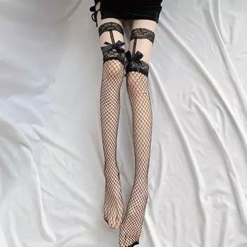 Черные белые сексуальные высокие носки женские чулки в сеточку в стиле Лолиты милые высокие носки с бантом кружевные сетчатые леггинсы One Size белый