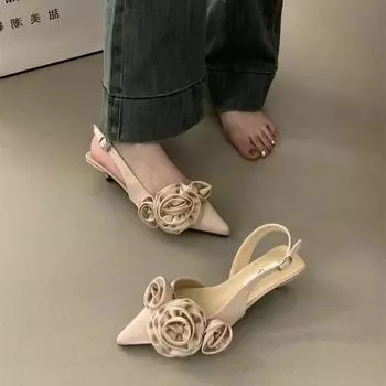 Черные босоножки-мешки с острым носком и цветочным принтом, туфли-феи, новинка весны и лета 2024 года, вечерние туфли-лодочки для светских львиц на каблуке-кошке 35 чёрный