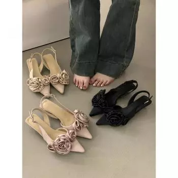 Черные босоножки-мешки с острым носком и цветочным принтом, туфли-лодочки, новинка 2025 года, вечерние туфли для светских львиц 35 чёрный