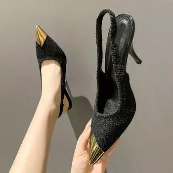 Черные босоножки на тонком каблуке с острым носком для женщин, женская обувь на шпильках, лето 2024 г., оригинал, оптовая продажа, лучший комфорт F 35