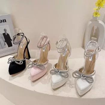 Черные босоножки на высоком каблуке со стразами, водонепроницаемой платформой и широкой колодкой Butterfly 35 чёрный