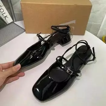 Черные босоножки TRAF с круглым носком на пятке, 2024, женские туфли-мюли с ремешком на щиколотке и металлической пряжкой, круглый средний каблук в стиле ретро в стиле Мэри Джейн 36