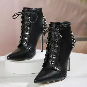 Черные ботильоны с острым носком и заклепками, новые ботильоны на тонком каблуке со шнуровкой, сексуальные вечерние, свадебные, ночные клубные, классные женские ботинки, женская обувь 35