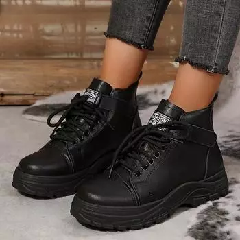 Черные ботинки на шнуровке на платформе, женские, осень-зима 2024, ботильоны на толстой подошве, женская мода, искусственная кожа, мотоциклетная обувь 35 чёрный
