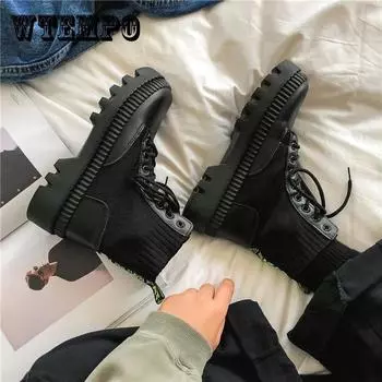 Черные ботинки на увеличенной толстой подошве. Мужские весенние туфли с высоким берцем. Мужская корейская версия универсальных ботинок. 44 чёрный