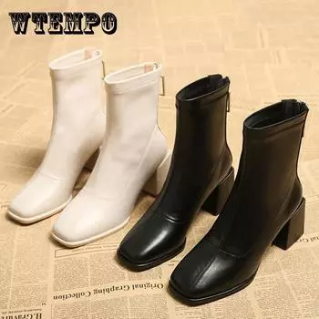 Черные ботинки. Женские осенние и зимние одинарные сапоги. Сапоги на высоком каблуке. Ботинки на массивном каблуке. Эластичные ботинки. 40 бежевый