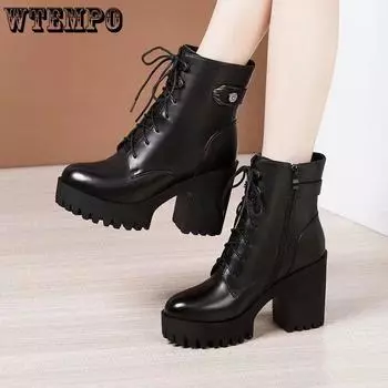 Черные ботинки, женские весенне-осенние туфли на платформе из мягкой кожи со шнуровкой, женские вечерние ботильоны, ботинки на высоком каблуке 35 чёрный