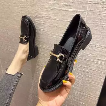 Черные британские туфли из кожи, женские универсальные туфли с одной педалью, яркие кожаные туфли на плоской подошве, повседневные женские туфли 34