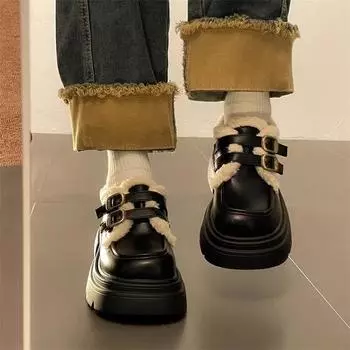 Черные британские туфли из кожи, женские зимние туфли-муффины на платформе, бархатные хлопковые туфли, туфли Мэри Джейн 35