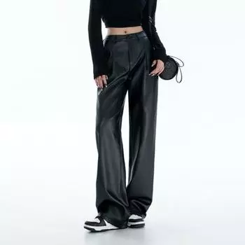 Черные брюки из искусственной кожи, женские повседневные корейские модные мешковатые прямые широкие брюки с высокой талией, уличная одежда Y2K, винтажный гот-панк S чёрный