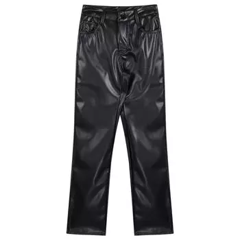 Черные брюки из искусственной кожи, женские весенне-осенние прямые широкие брюки с высокой талией, модная уличная одежда больших размеров, женская одежда S чёрный