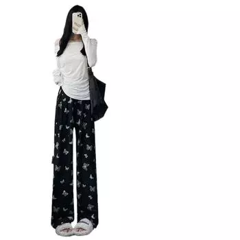 Черные брюки из клейкого риса с принтом бабочек, женские, весна-осень, новые, с высокой талией, драпированные, свободные, ленивые, от ветра, повседневные, широкие брюки S