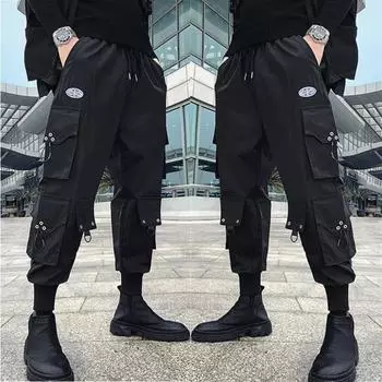 Черные брюки-карго, мужские брюки-карго в стиле хип-хоп, брюки-карго в стиле хиппи, мужские брюки-карго, уличная одежда, большие размеры с карманами, большие размеры XXXXXL чёрный