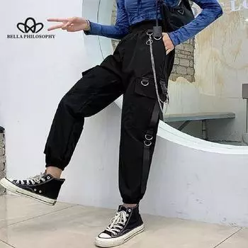 Черные брюки-карго Женские брюки с цепочками Женская уличная одежда S чёрный