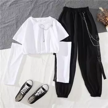 Черные брюки-карго, женские брюки с цепочкой, женский уличный костюм, большие размеры XXL