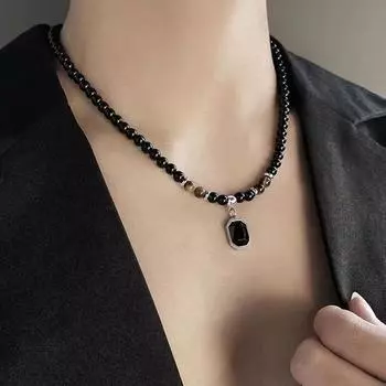 Черные бусины с квадратным кулоном ожерелье для мужчин модные аксессуары ювелирные изделия мужской подарок украшение