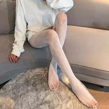 Черные чулки, тонкие леггинсы с маленькой буквой G, английские буквы, ажурные носки из жаккардовой сетки чёрный