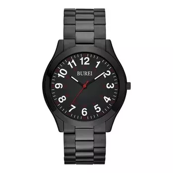 Черные деловые аналоговые простые складные удобные часы унисекс с двойным нажатием [BUREI] мужские часы, часы, кварцевые, водонепроницаемые, дизайн, пряжка, подходит, чёрный