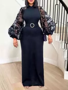 Черные длинные платья для женщин, прозрачные рукава с высокой талией, облегающие вечерние коктейльные наряды для дня рождения S чёрный