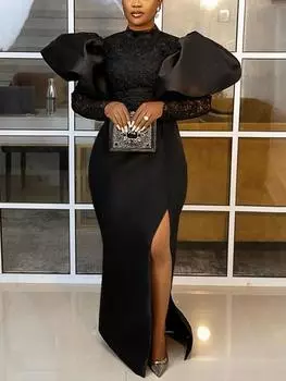 Черные длинные платья, кружевные лоскутные элегантные женские вечерние вечерние платья с воротником-фонариком и высоким разрезом, наряды для мероприятий S чёрный