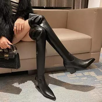 Черные длинные сапоги выше колена, женские сапоги на высоком толстом каблуке, толстые лакированные сапоги из замши с острым носком, шириной 4,5 см 35 чёрный