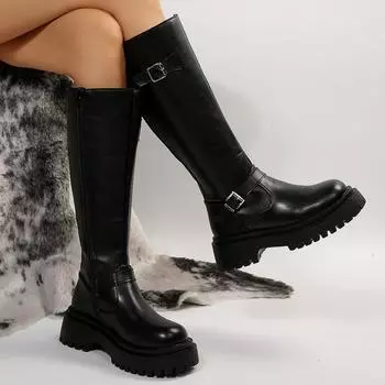Черные длинные сапоги женские зимние женские сапоги 2024 года с круглым носком на платформе женские сапоги до колена простые универсальные повседневные высокие сапоги-бочонки 35 чёрный