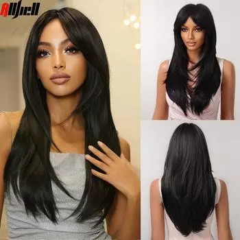 Черные длинные синтетические парики с челкой, многослойные прямые парики, термостойкие для чернокожих женщин, афро-вечеринка, косплей, натуральный женский парик Wig-LC2068-7