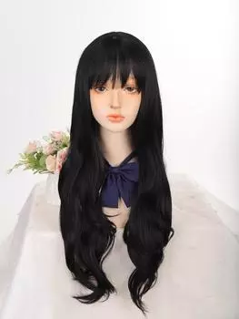 Черные длинные вьющиеся волосы с крупными волнами и челкой, парик 22inch