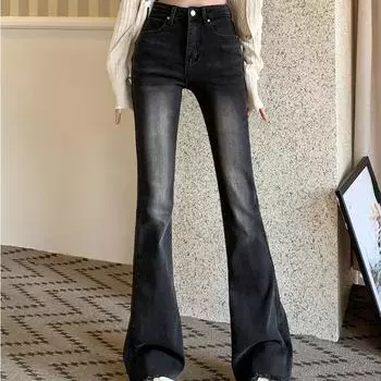 Черные джинсовые брюки с микро-вытягиванием, ранняя осень, женские 2024, новые эластичные брюки с высокой талией, популярные потертые брюки в стиле ретро S чёрный