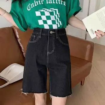 Черные джинсовые шорты для женщин, винтажные джинсовые шорты в стиле Харадзюку, однотонные повседневные прямые полубрюки, модная уличная одежда, женская одежда S чёрный
